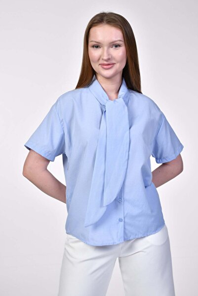 kenza'a Kenza short sleeve blue shirt with scarf detail - blue