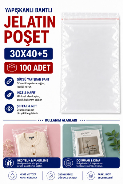 Eliz Party Yapışkanlı Bantlı Jelatin Poşet 30x40+5 cm 100 Adet Şeffaf Ambalaj...