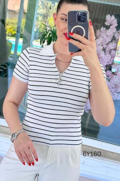 İnce Topuk Tricou cu guler polo și fermoar la guler 6y160