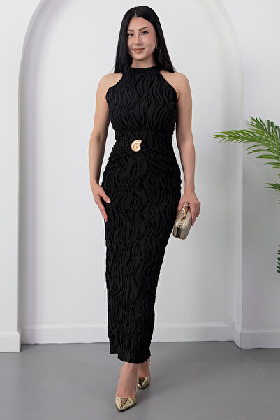 PULLIMM Halter Neck Dress with Waist Buckle and Tie Grs4023