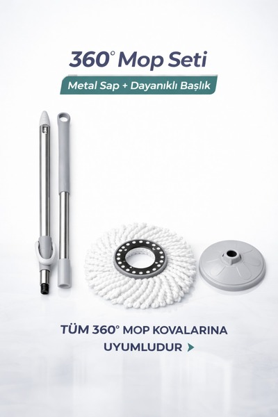 KEP 360 Derece Mop Seti Metal Saplı Püsküllü Başlıklı Temizlik Seti (KOVASIZ)