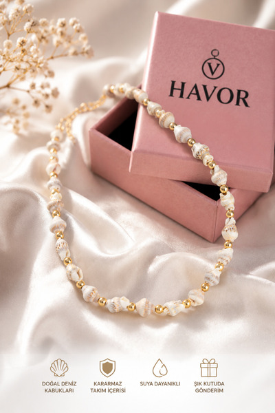 havor Doğal Deniz Kabuğu Kolye – Gold Detaylı Yaz Kolyesi | Premium Deniz Kab...