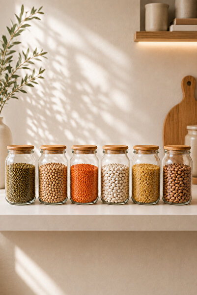 Countra Set of 6 Glass Jars with Wooden Lids Kitchen Storage Jars 1000 Cc