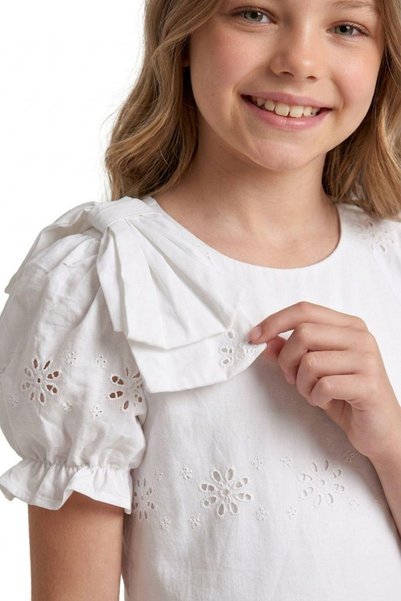 Pina Kids فستان بناتي بأكمام بالون وتفاصيل فيونكة على الكتف ELB2017