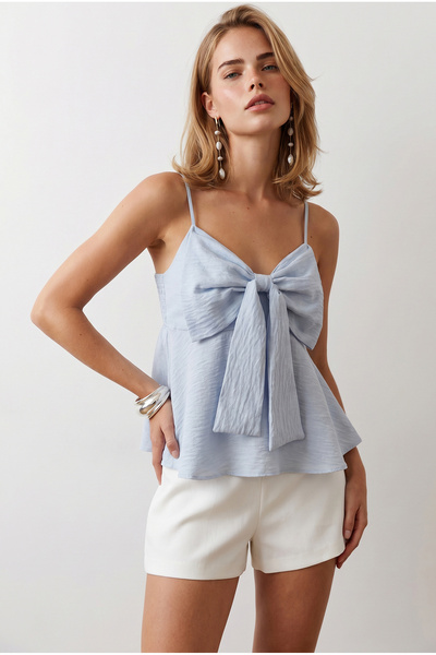 Olalook Women's Baby Blue Adjustable Strap Bow Detailed Pera Linen Blouse Blz...