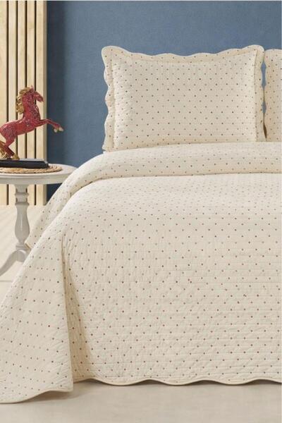 Çeyiz Diyarı Serelina Luxury Embroidered Velvet Double Bedspread Cream