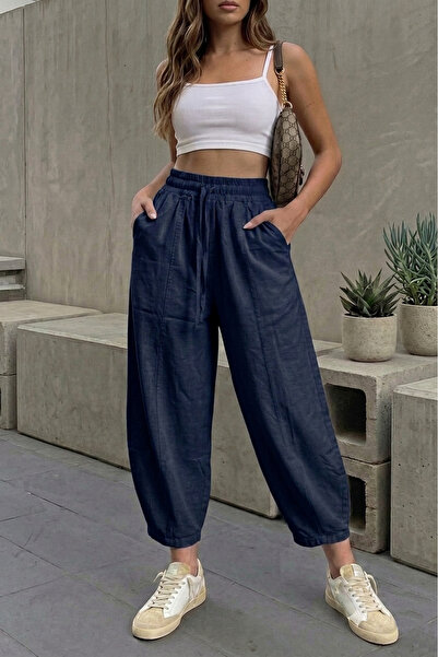 Sun Victoria Women's Navy Blue Linen Fabric High Waist Shalwar Baggy Trousers