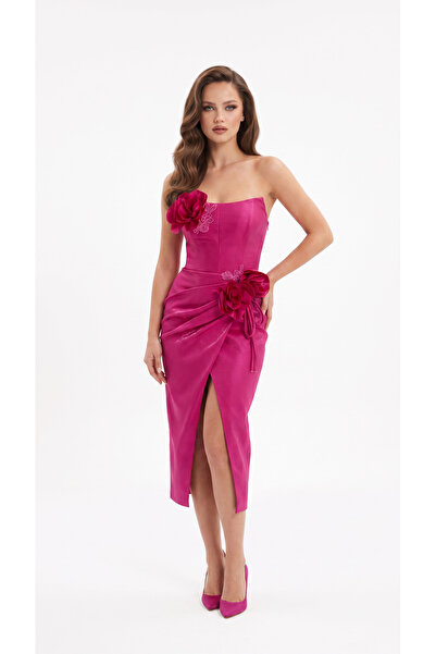 Luna Bride Fuşya Yırtmaçlı Elbise