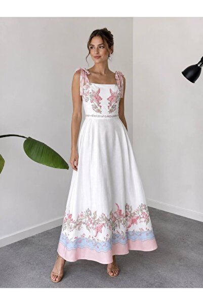 LOKADI Women's White Square Neck Floral Pattern Embroidered Long Summer Linen...