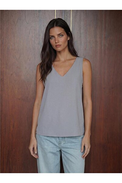 WeShaya Gray Stretchy Textured V-Neck Zero Sleeve Straight Cut Polyester Elas...