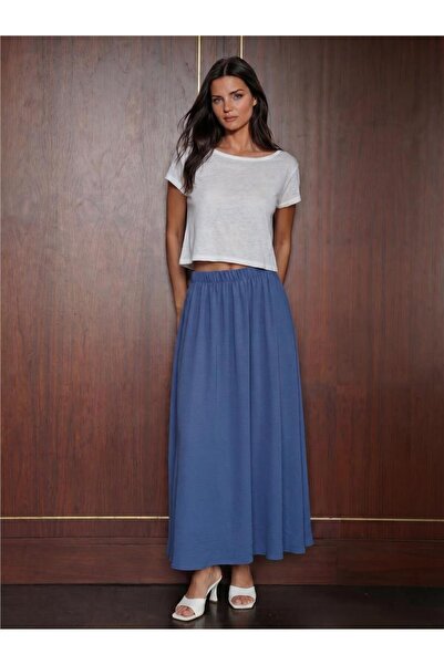 WeShaya Indigo Flexible Textured Elastic Drawstring Long Length Ayrobin Skirt