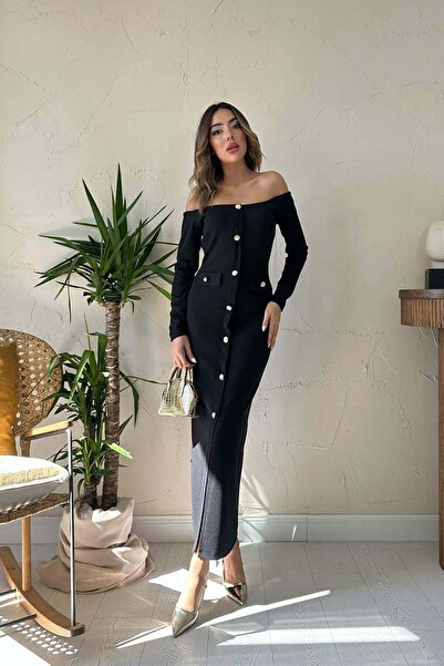 Caddebostan Moda Madonna Collar Gold Button Detailed Long Sleeve Ribbed Knit ...