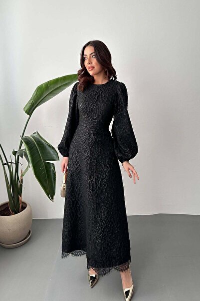 Caddebostan Moda Embossed Jacquard Lace Detailed Long Balloon Sleeve Dress