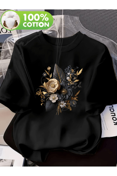 one button Custom design large gold rose printed premium oversize t-shirt