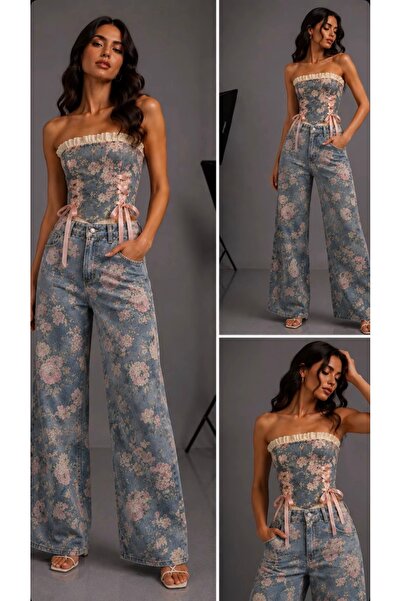 MODA New Season Special Design Corset Detailed Bustier Lake Patterned Pants A...