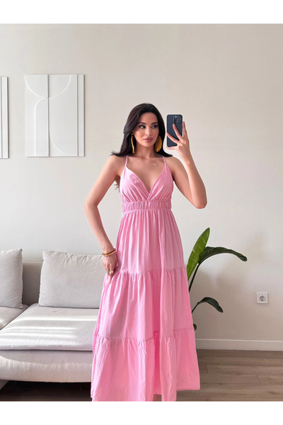 Zoom Butik Sırt Çapraz Askılı Elbise - PEMBE