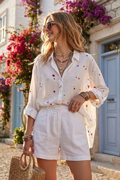 White Star Patterned Viscose Voile Oversized Shirt