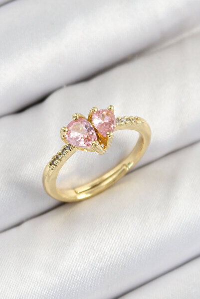 MEKs Brass Zircon Stone Pink Heart Model Gold Color Women's Ring 5886 - Hep-4...