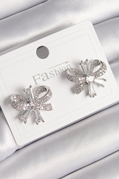 ETC Brass Silver Color Zircon Stone Bow Model Women's Earrings 5886 - Miyng63...