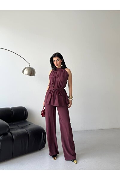 Celiora Women's Belted Casual Suit Halter Neck Blouse Wide Leg Pants Two-Piec...