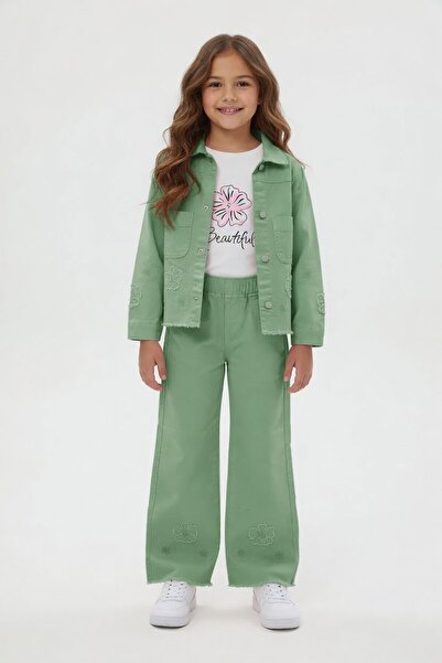 Cansın Mini Zelena jakna sa izvezenim cvetovima i široke pantalone, set od 3 ...