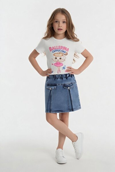 Cansın Mini Ecru Ballerina Patterned Badili Jean Skirt Girls' 2-Piece Set 24565