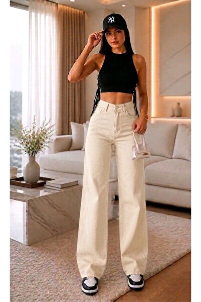 BROSERER Nana Women's Beige Lycra Super High Waist Loose Leg Denim Palazzo Tr...