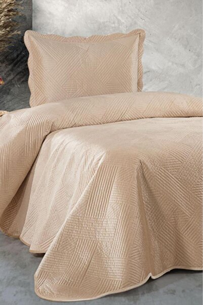 Çeyiz Diyarı Gona Luxury Velvet Single Bedspread Beige