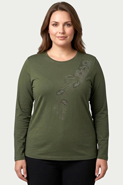 hadiora Women's Green Stone Detailed Long Sleeve Combed Cotton Blouse