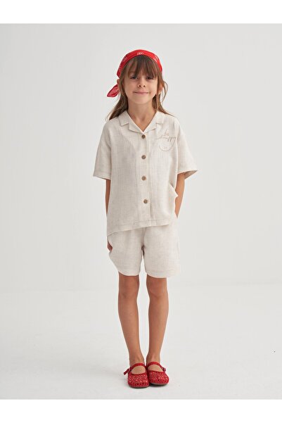 Cigit Keten Behappy Embroidered Shorts Set 2-7 Years Natural