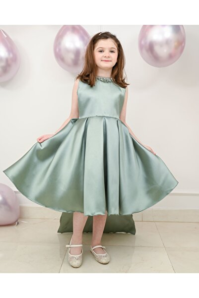 LiliKids فستان أخضر بفيونكة خلفية وذيل كريستال
