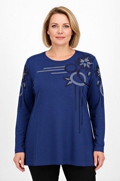 hadiora Women's Blue Stone Detailed Combed Cotton Blouse
