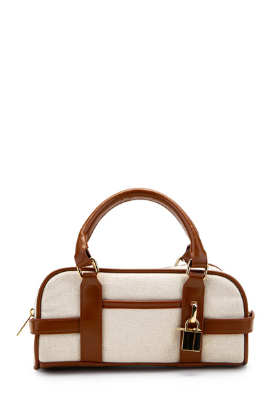 minebag Key Lock Charm Detailed Straw Women's Crossbody Bag Hamburg Tan