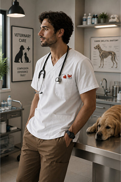 mirach Tilia Premium Scrubs Uniformă clinică de lux cu broderie Cute Fox, des...