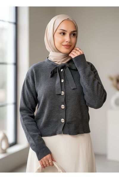 İmajButik Collar-Tied Buttoned Knit Cardigan