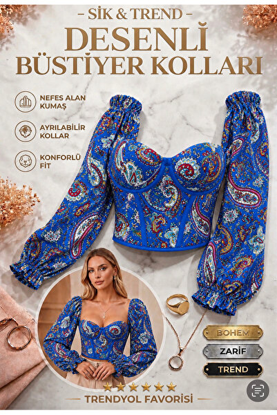 atelier burcu Trend Desenli Büstiyer İçin Balon Kol Kadın Crop Top Kombin (Bü...