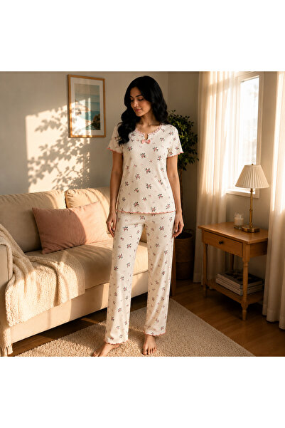 LVA Fiyonk Detaylı Çiçek Desenli Kadın Pijama Takımı
