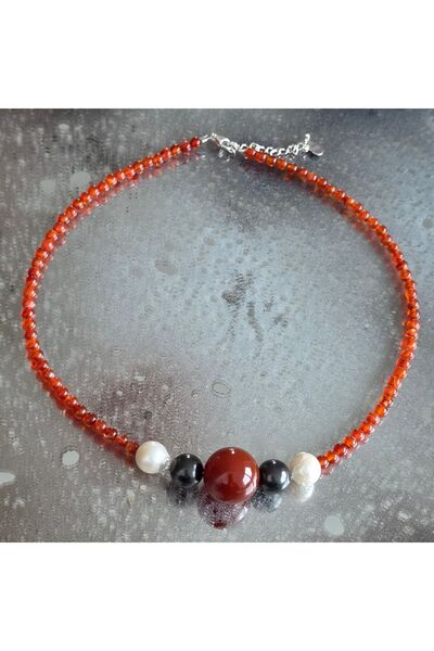 DRUZY Carnelian, Shungite, and Pearl Necklace Rooted Glow #12