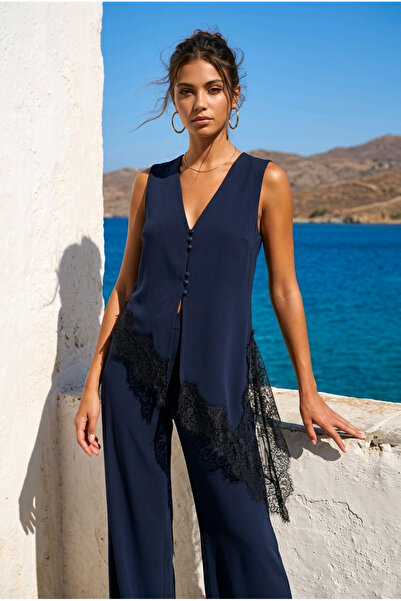 oyagüler Women's Dark Blue Asymmetric Skirt with Lace Vest and Belted Pants S...