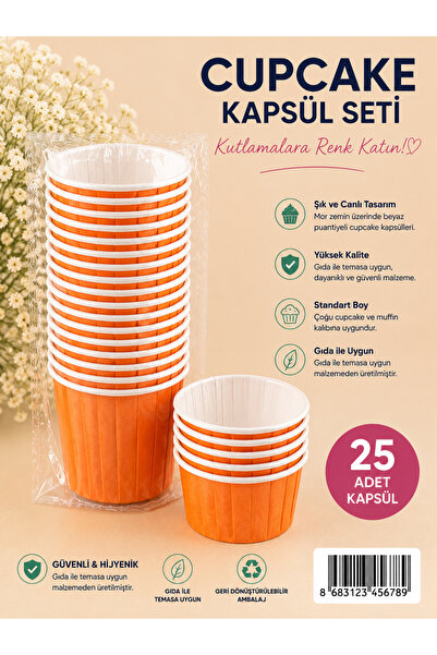 Partifabrik Cupcake Kapsülü Kalın Eğilmez Kalıpsız Kullanım 25 Adet Turuncu