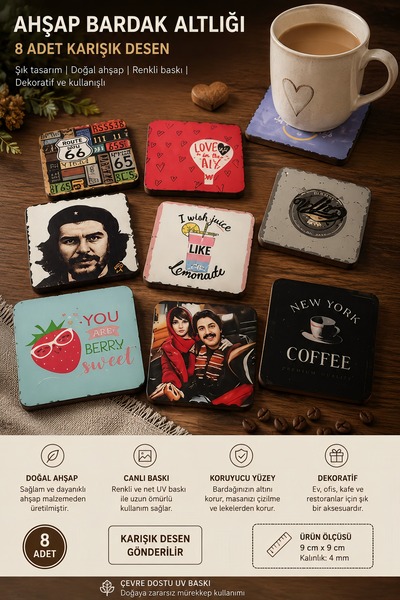 Wolawood Set of 8 Wooden Coasters – Collection of Decorative Mug Coasters wit...