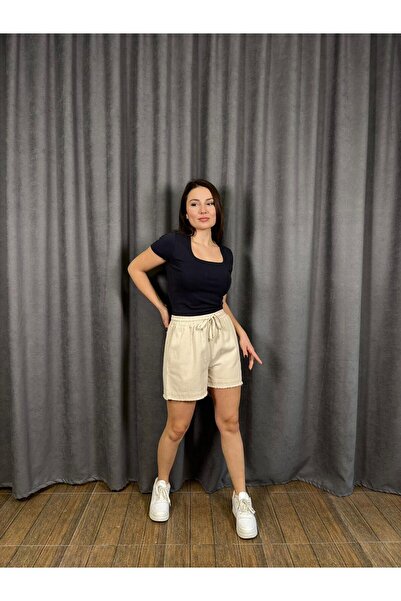 ASL WOMAN Women's Beige Elastic Waist Lace-Up Shorts