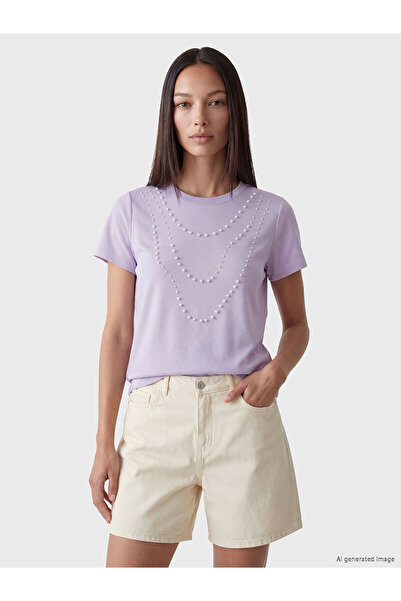 LC Waikiki Nevavm Women's T-Shirt with Oval Collar and Bead Embroidery