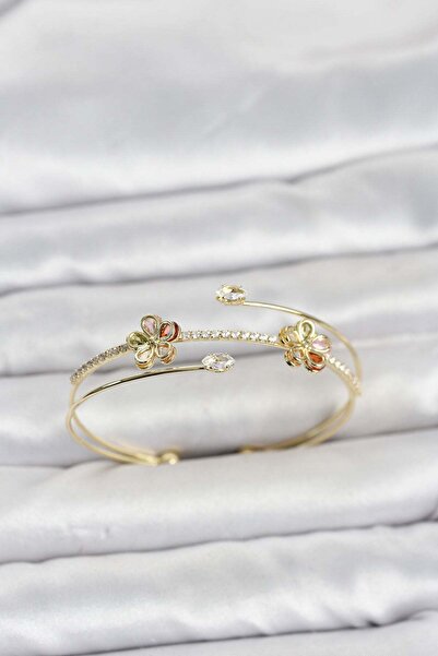 Inure Jewelry سوار نسائي من النحاس الذهبي اللون مرصع بحجر الزركون على شكل زهرة
