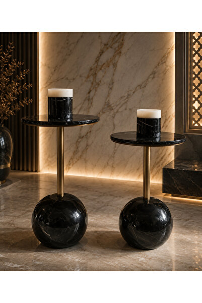 Belle Vie Siyah Mermer Yan Sehpa Seti – Gold Detaylı Modern Luxury Dekor Kole...