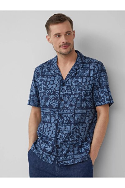 s.Oliver Men's Short Sleeve Shirt in Viscose Blend, Regular Fit, Dark Blue