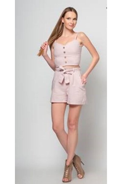 FIRST STYLE Turkish Pink High-Waisted Off-The-Shoulder Shorts Set with Button...