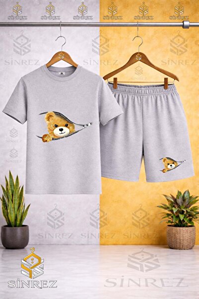 SİNREZ Crew Neck T-Shirt with Zipper and Bear Print - Shorts Set
