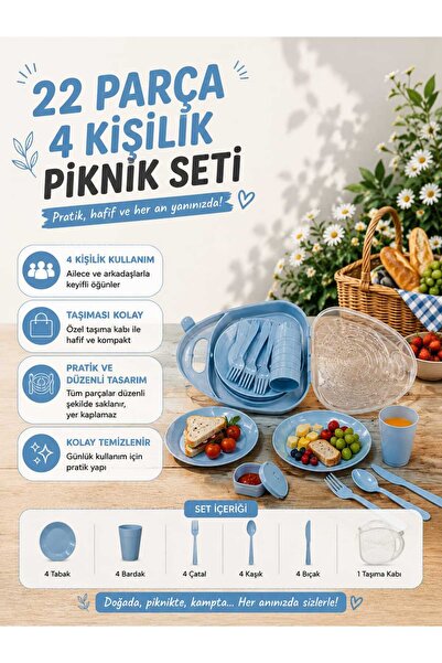 zemihra Özel Tasarım Çentik Tabaklı 22 Parça Taşıma Çantalı Piknik Seti 4 Kiş...