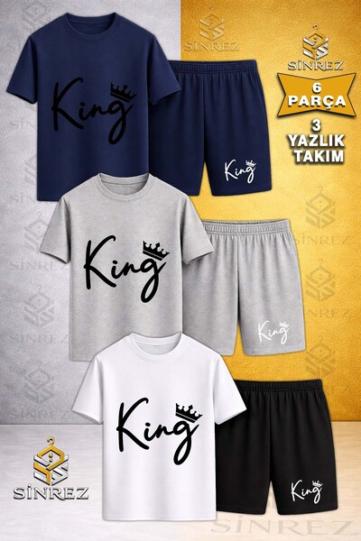 SİNREZ 3-Piece Kids' King El Yazi g Tacli Syah Printed Crew Neck T-Shirt - Sh...